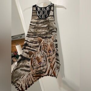 Tiger Print Handkerchief sleeveless silk lace Back beach cover up loungewear L